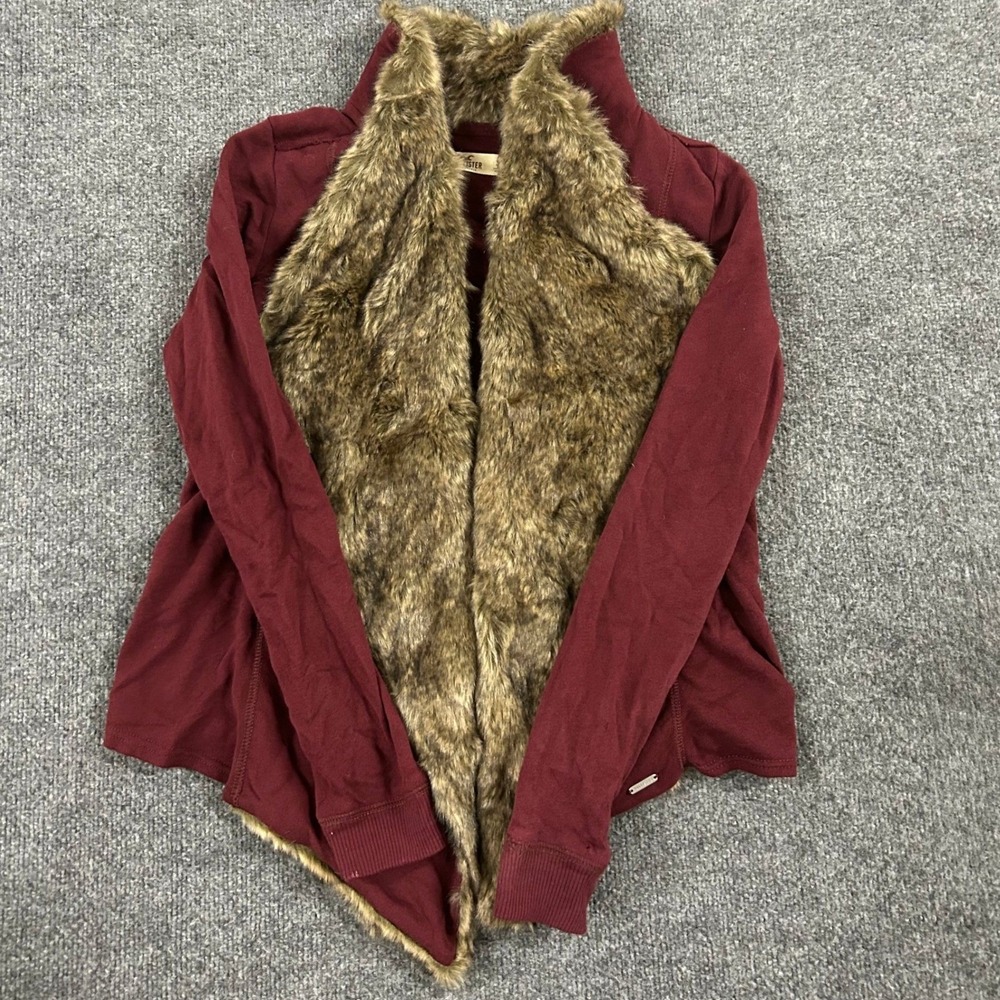 Hollister Cardigan Womens Size S Burgundy Faux Fur Trim Open Front Long Sleeve